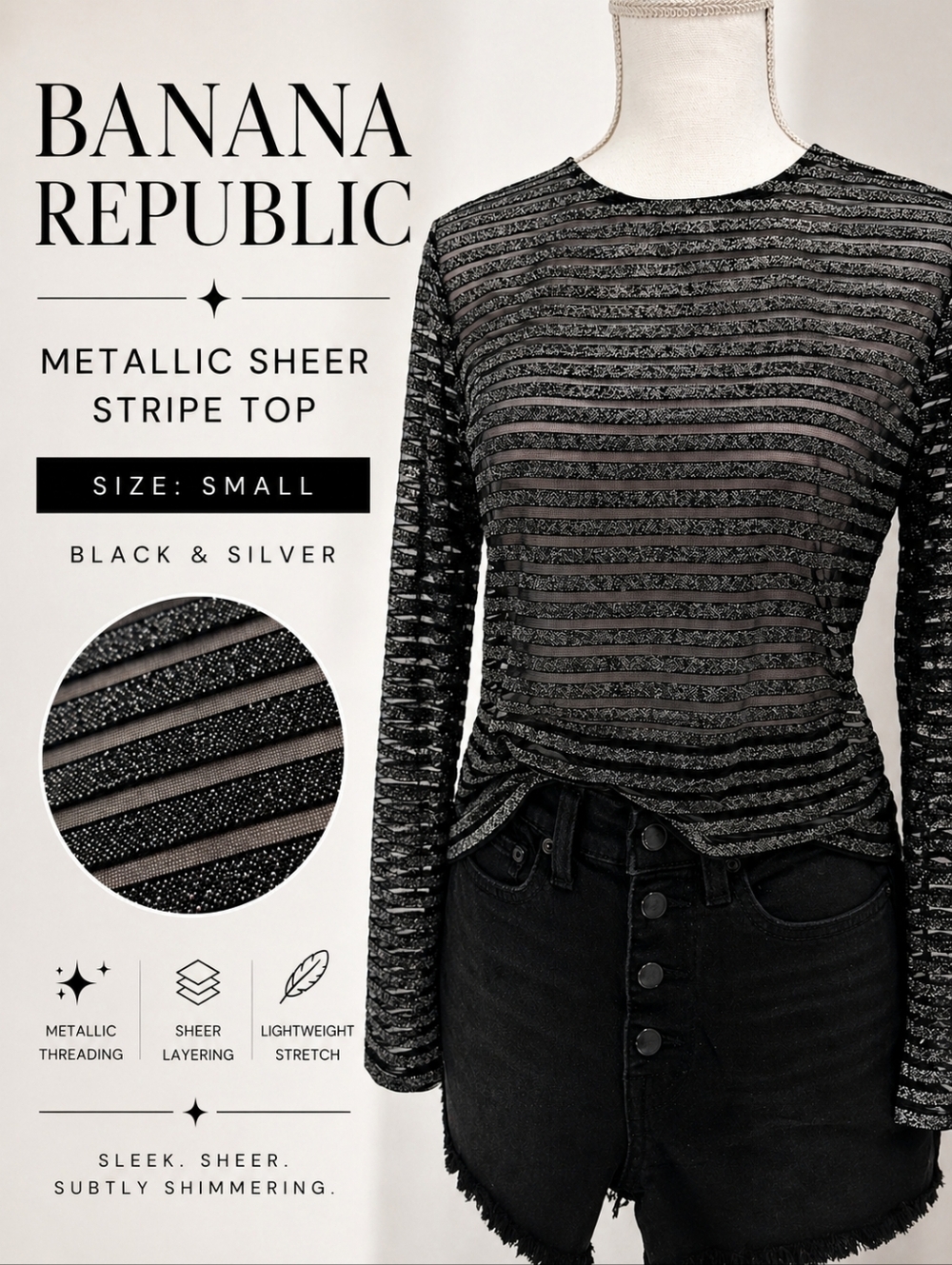 NWT Banana Republic Metallic Sheer Sparkle Stripe Top Black Silver Size S